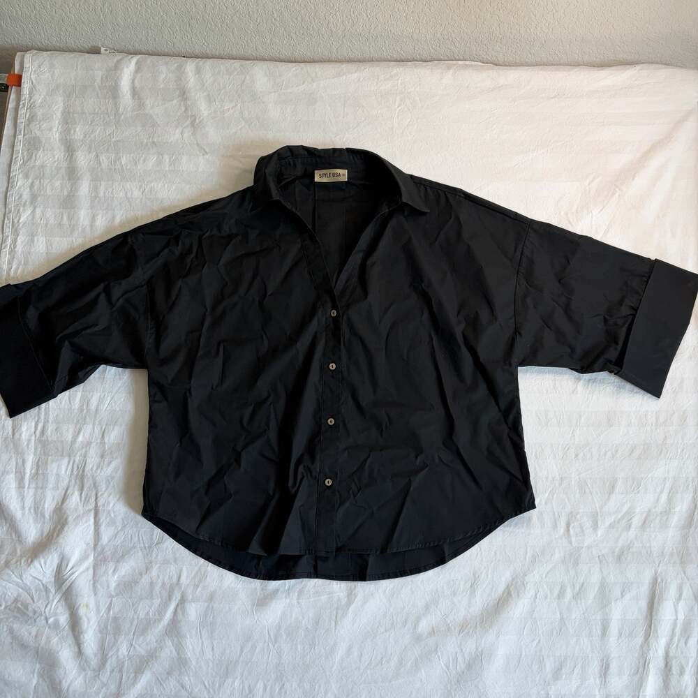 STYLE USA Black Oversized Button Down Shirt M Wide Sleeve Cuff 100% Cotton